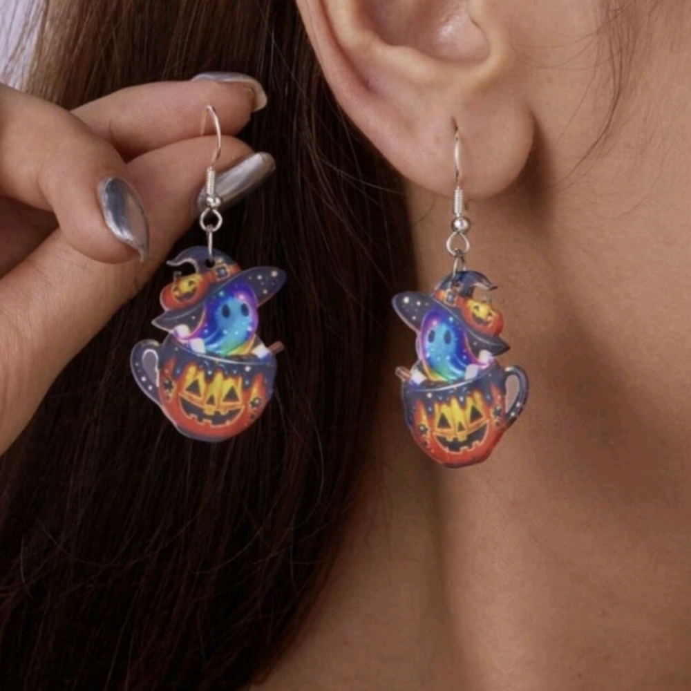 Magic Ghost Pumpkin Pot Acrylic Dangle Earrings (2” In Length) NWT